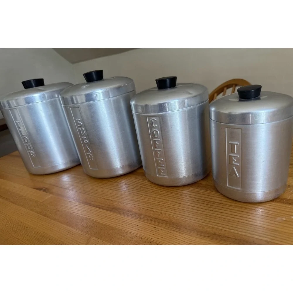 VTG Mid-Century Brushed Aluminum Canister Set Of 4 With Lids 1950s MCM Retro